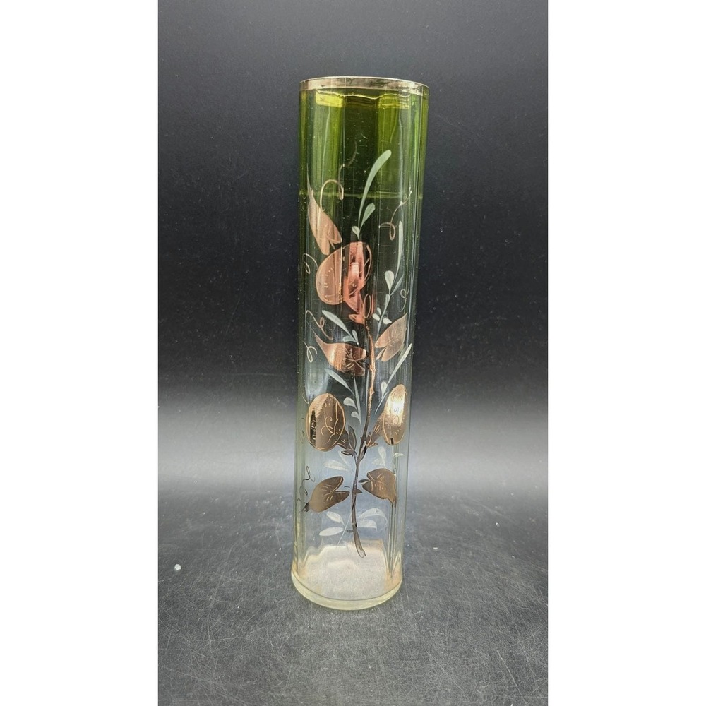Vintageβ Legras Green Ombre Glass Bud Vase Hand Enameled Optic Cylinder 9"
